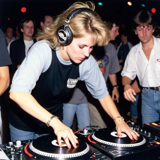 Prompt: dj alice jackson, female dj from australia mixing and scratching on two turntables way too fast at the 1990 stanton world dj mixing championships eliminations