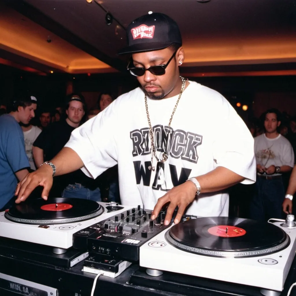 Prompt: dj ruffneck ready t mixing and scratching on two turntables way too fast at the 1997 wrong way u.s.a. dj mixing finals