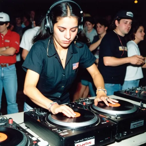 Prompt: dj veronica leguizamo from chile mixing and scratching on two turntables way too fast at the 1990 stanton world dj mixing championships eliminations