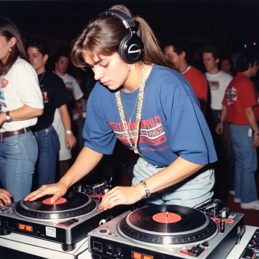 Prompt: dj caitlyn rosa from the u.s.a. mixing and scratching on two turntables way too fast at the 1990 stanton world dj mixing championships eliminations