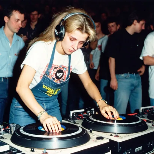 Prompt: dj valentyna mykhajlivna buryak, female dj from ukraine mixing and scratching on two turntables way too fast at the 1990 stanton world dj mixing championships eliminations