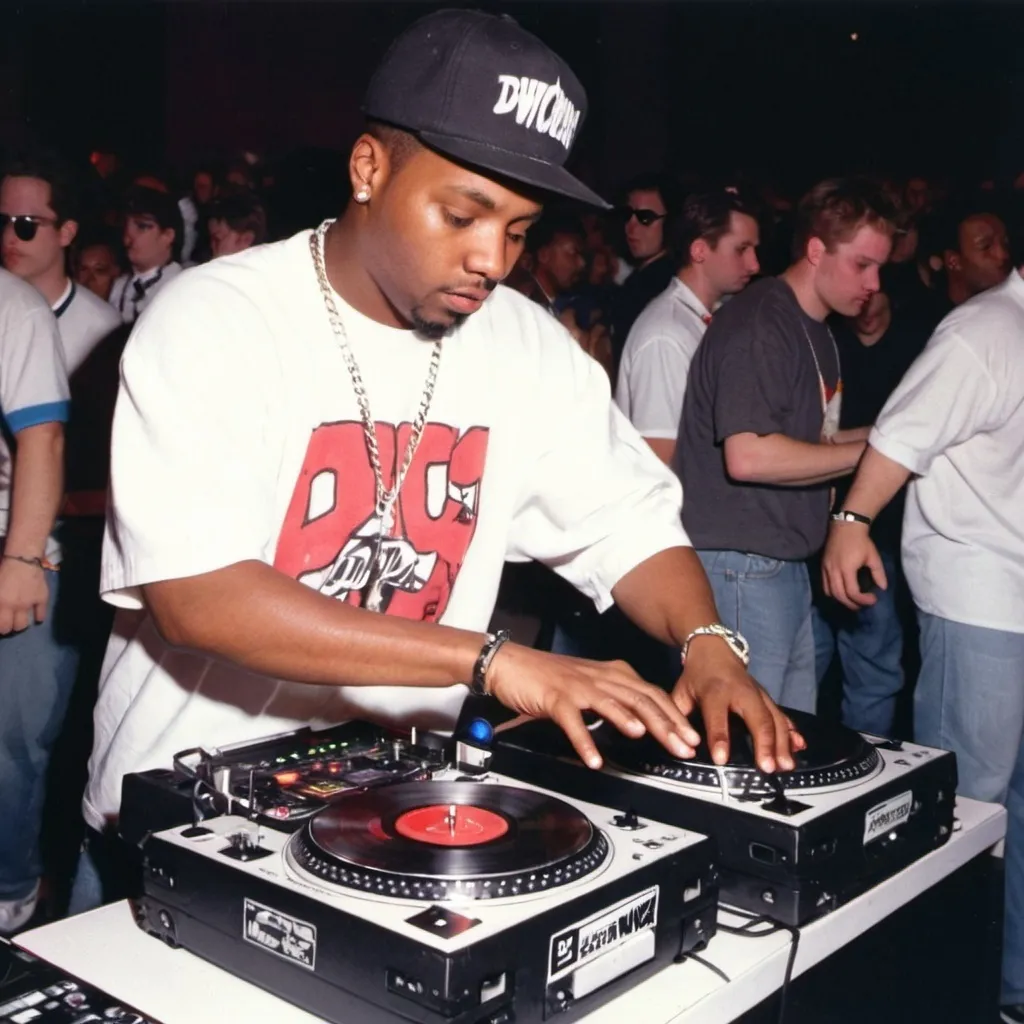 Prompt: dj jeko knight mixing and scratching on two turntables way too fast at the 1992 wrong way dj u.s.a. finals