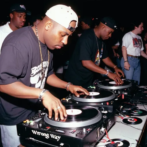 Prompt: dj bowser black mixing and scratching on two turntables way too fast at the 1996 wrong way u.s.a. dj mixing finals