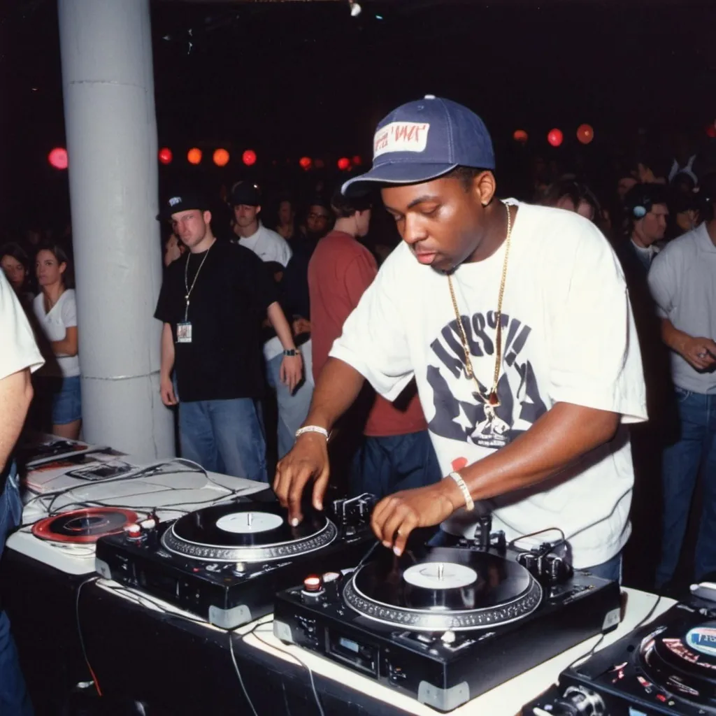 Prompt: dj ivan bates mixing and scratching on two turntables extremely too fast at the 1994 wrong way u.s.a dj mixing finals