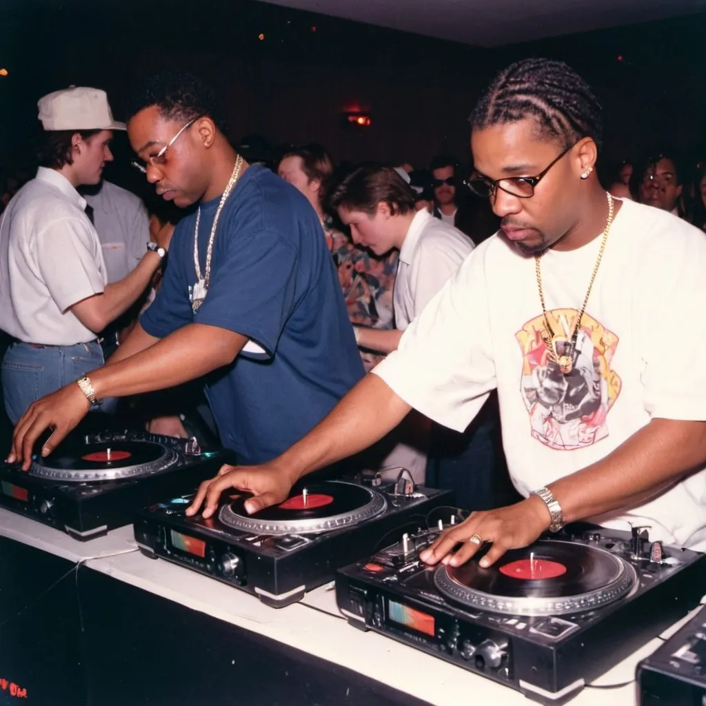 Prompt: dj earl boyde mixing and scratching on two turntables way too fast at the 1992 wrong way u.s.a. dj mixing finals