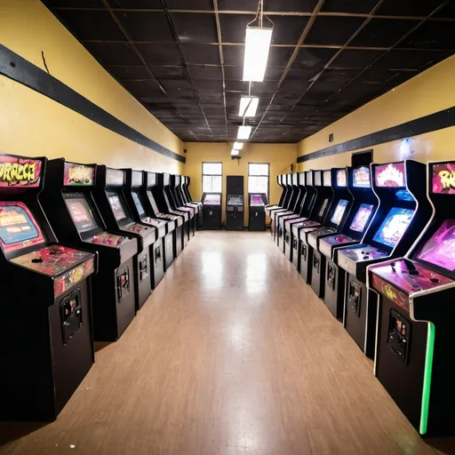 Prompt: dj wrong way's ruffneck gangsta arcade game center back section arcade hall with 40 arcade machines- 20 on left and 20 on right-this is an abandoned arcade of the rough community