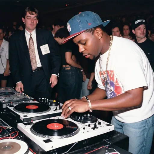 Prompt: dj wrong way mixing and scratching on two turntables way too fast at the 1990 wrong way u.s.a dj mixing finals