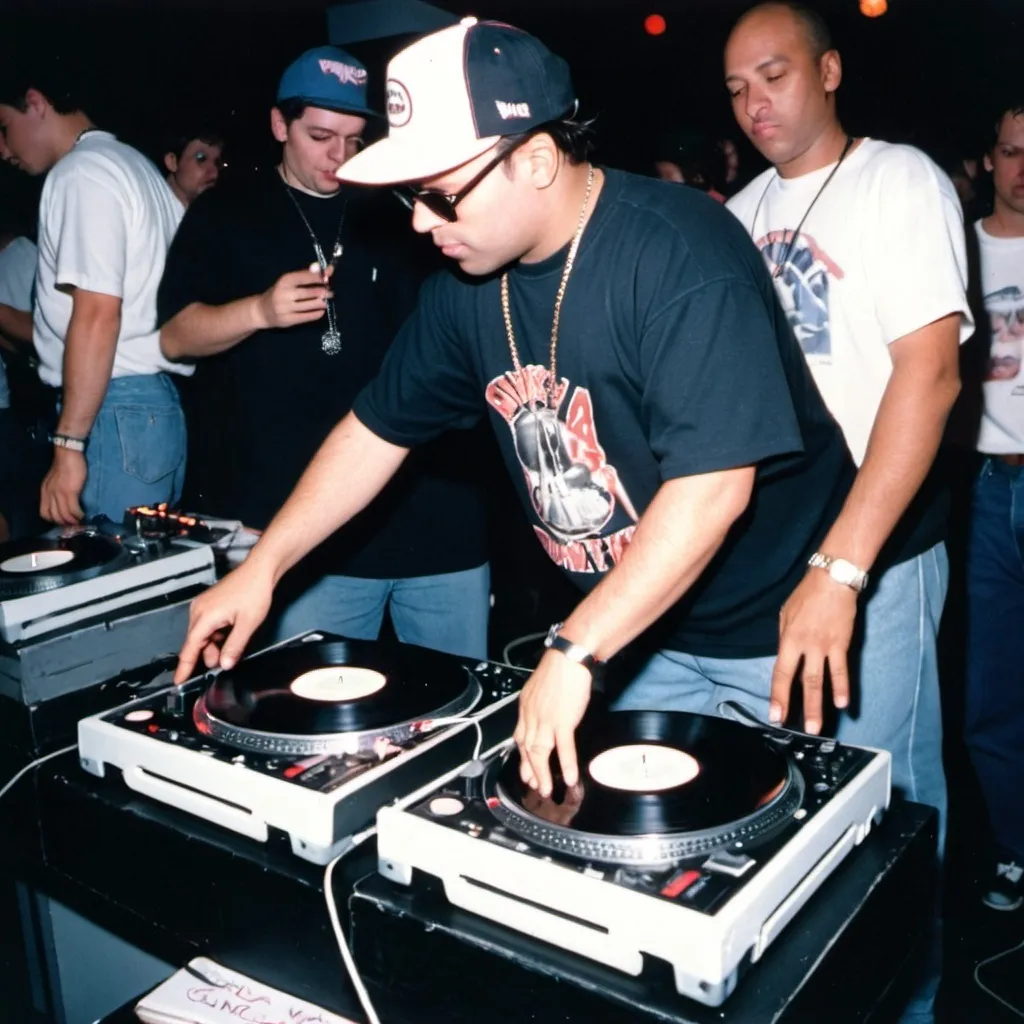 Prompt: dj gunloc mixing and scratching on two turntables way too fast at the 1990 wrong way u.s.a dj mixing finals