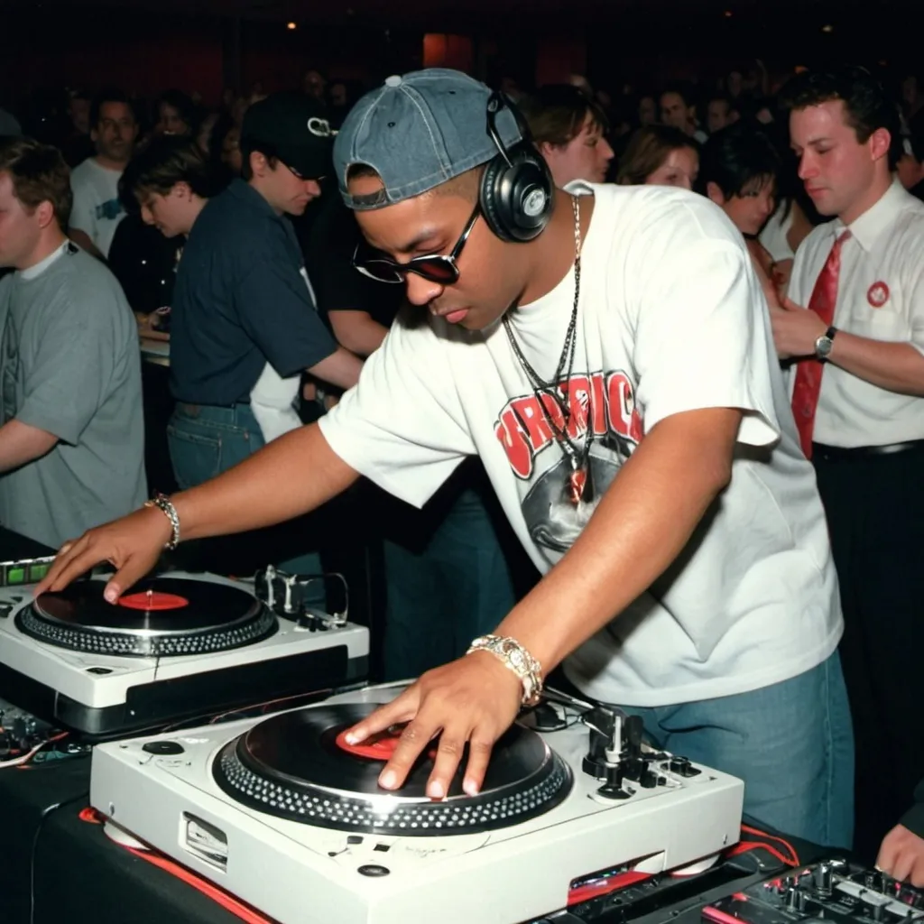 Prompt: dj high power mixing and scratching on two turntables way too fast at the 1998 wrong way u.s.a. dj mixing finals