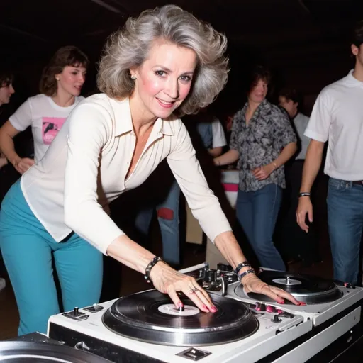 Prompt: dj elizabeth manley, 80's  canadian figure skater mixing and scratching on three turntables way too fast at the wheels of silken steel ladies' dj mixing battleground