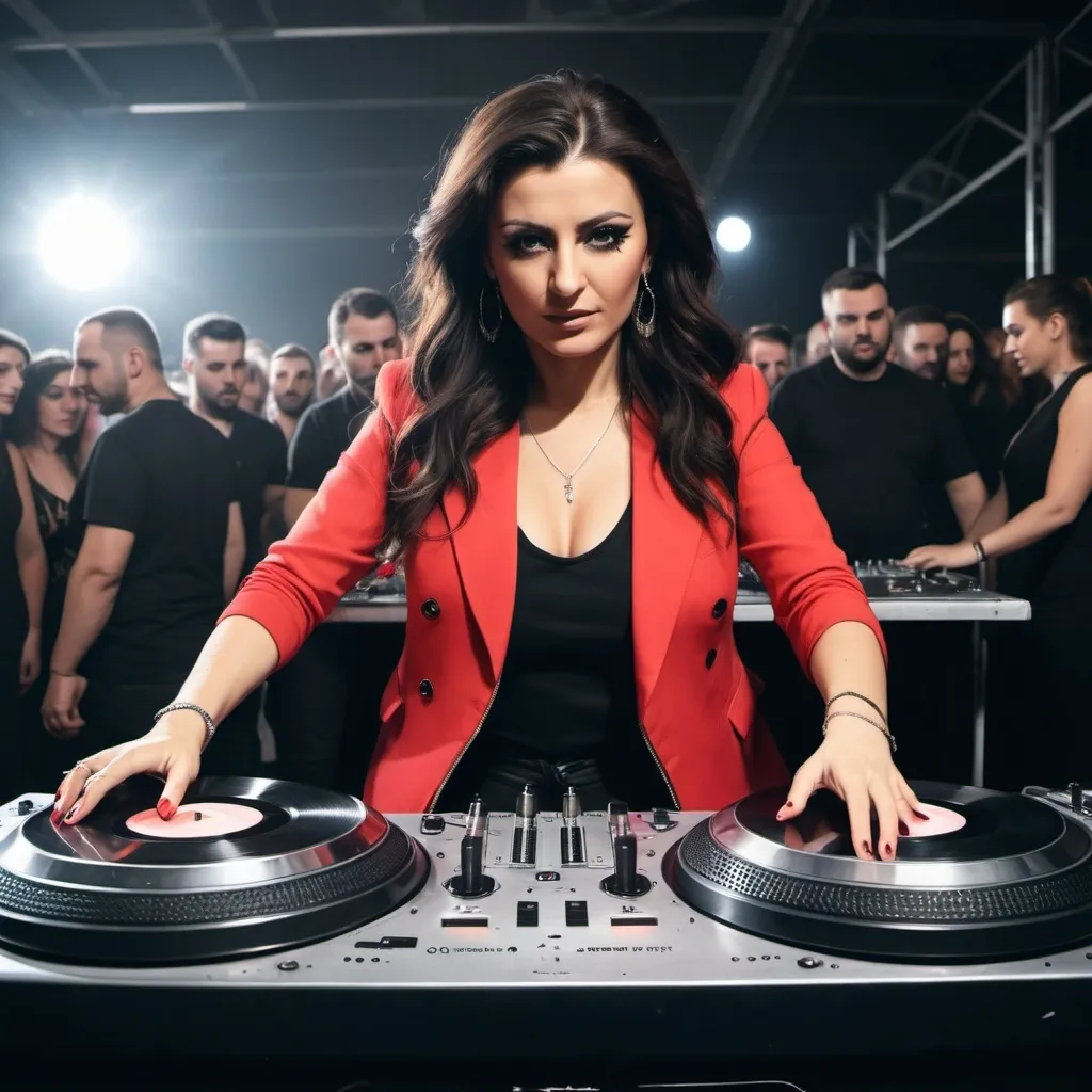 Prompt: dj bleona qeteri, albanian female singer from eurovision mixing and scratching on four turntables way too fast at the wheels of silken steel ladies' dj mixing battleground