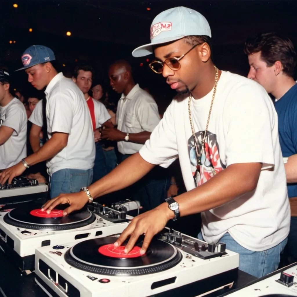 Prompt: dj mosh deck'em mixing and scratching on two turntables way too fast at the 1991 wrong way dj u.s.a. finals