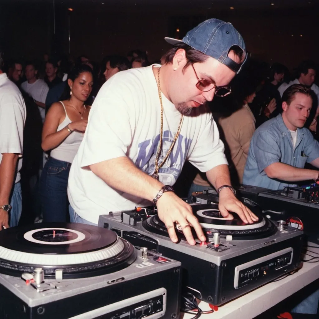 Prompt: dj robert rocker mixing and scratching on two turntables way too fast at the 1997 wrong way u.s.a. dj mixing finals