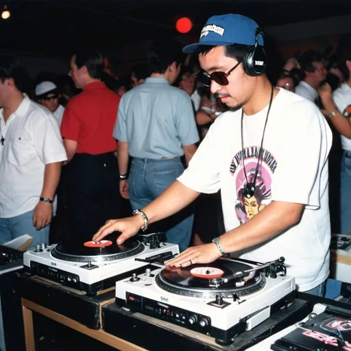 Prompt: dj wai paku tiki from new zealand mixing and  scratching on two turntables at the 1990 stanton world dj mixing championships eliminations