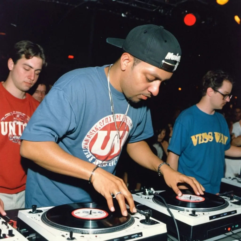 Prompt: dj mask x mixing and scratching on two turntables way too fast at the 1992 wrong way dj u.s.a. finals