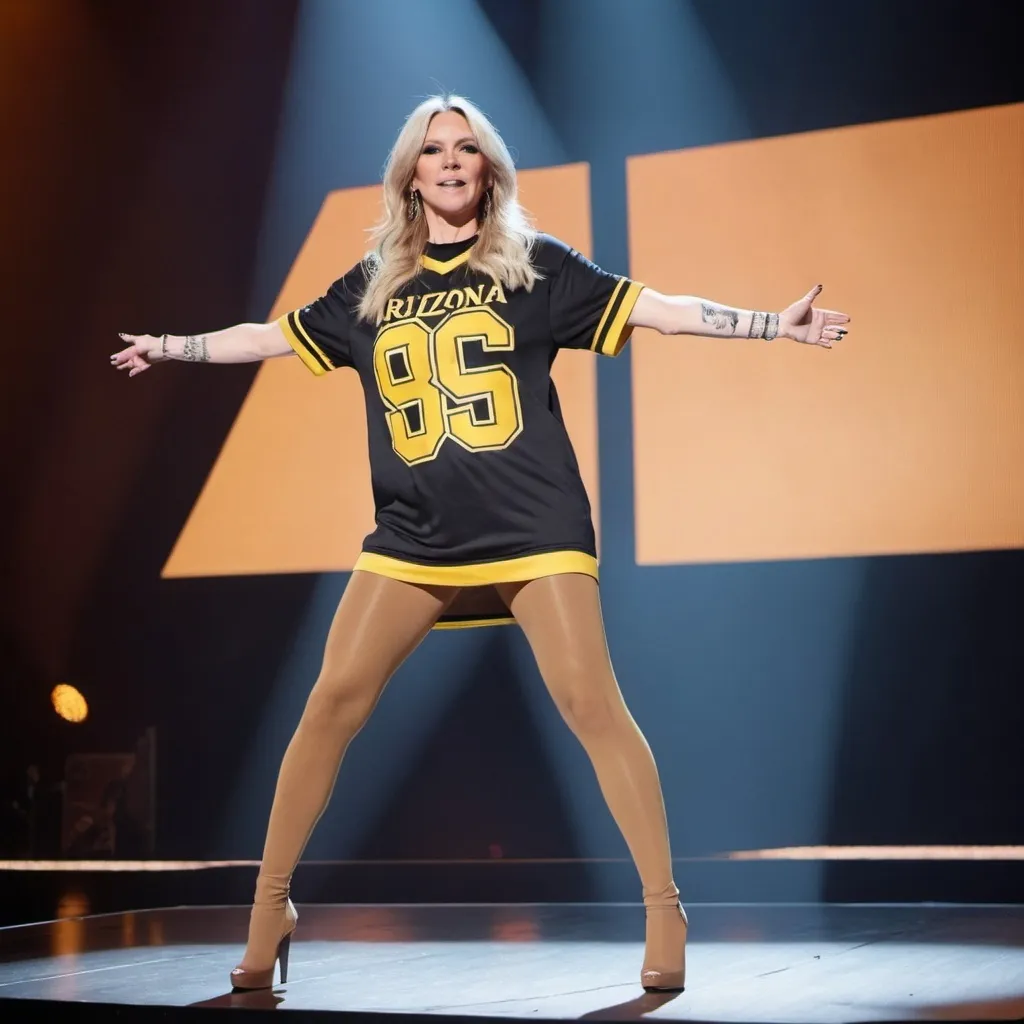 Prompt: swedish singer jenny silver wearing tan tights over heels and an oversized arizona sting jersey while performing on stage at melodifestivalen