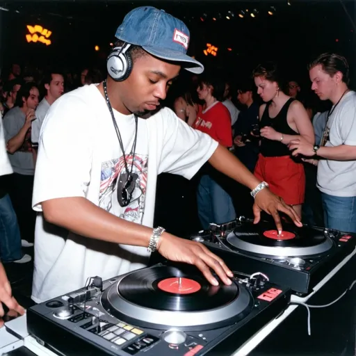 Prompt: dj kase mixing and scratching on two turntables way too fast at the 1997 wrong way u.s.a. dj mixing finals