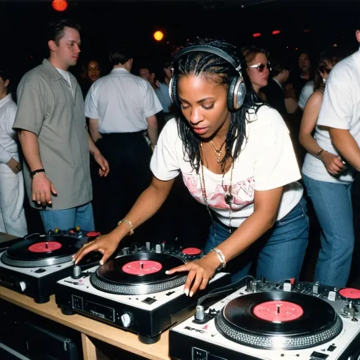 Prompt: dj crazy melvin female dj mixing and scratching on two turntables extremely too fast at the 1994 wrong way u.s.a dj mixing finals