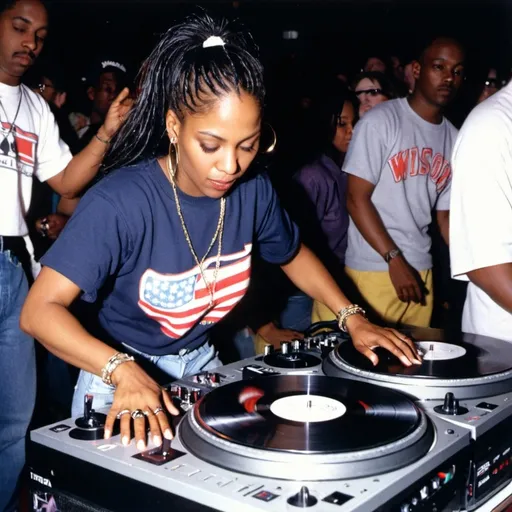 Prompt: dj tisha d. feva mixing and scratching on two turntables way too fast at the 1992 wrong way u.s.a. dj mixing finals