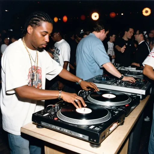 Prompt: dj  duke jeffra mixing and scratching on two turntables extremely too fast at the 1994 wrong way u.s.a dj mixing finals