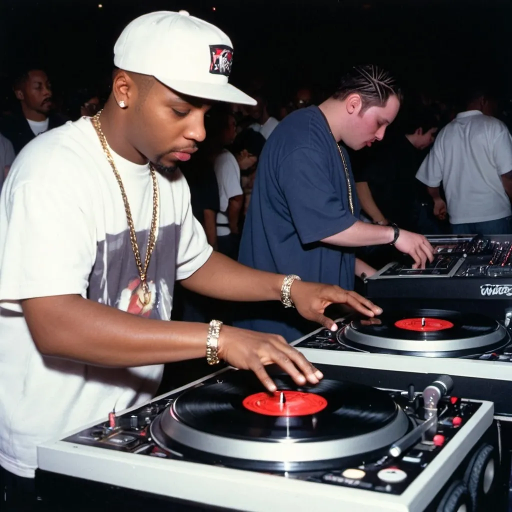 Prompt: dj prince diamond mixing and scratching on two turntables way too fast at the 1998 wrong way u.s.a. dj mixing finals