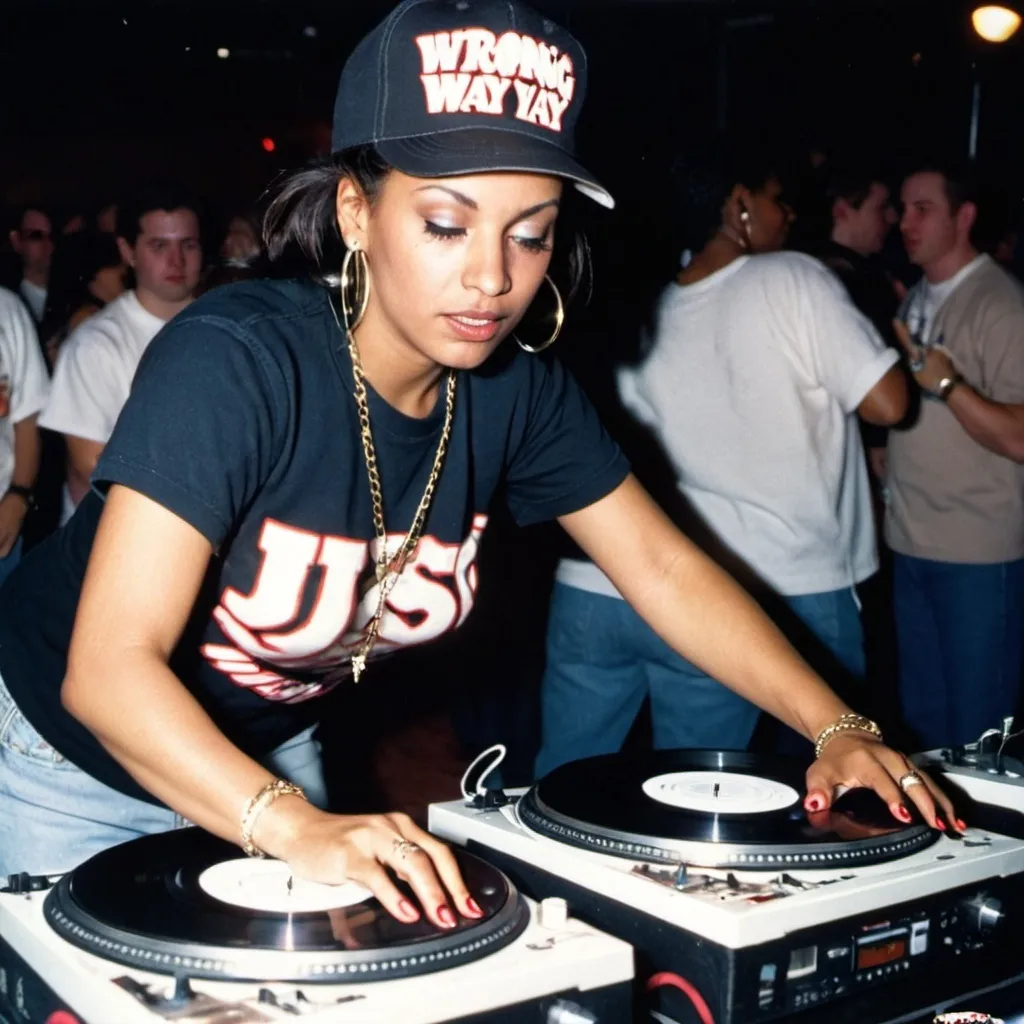 Prompt: dj  r.c. hooter, female dj mixing and scratching on two turntables extremely too fast at the 1994 wrong way u.s.a dj mixing finals