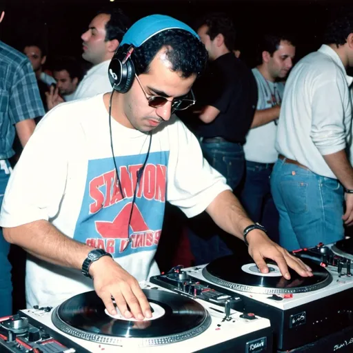 Prompt: dj abdel aziz eraki from egypt mixing and scratching on two turntables way too fast at the 1990 stanton world dj mixing championships eliminations