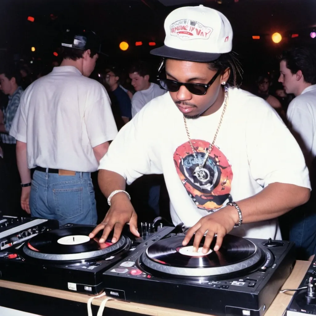 Prompt: dj dragonlord mixing and scratching on two turntables way too fast at the 1992 wrong way u.s.a. dj mixing finals