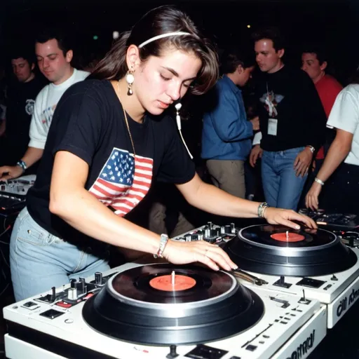 Prompt: dj caitlyn rosa from the u.s.a. mixing and scratching on two turntables way too fast at the 1990 stanton world dj mixing championships eliminations