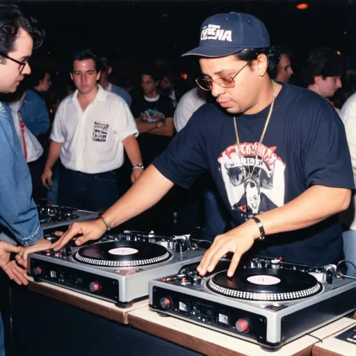 Prompt: dj el concertina mixing and scratching on two turntables way too fast at the 1991 wrong way u.s.a. dj mixing finals