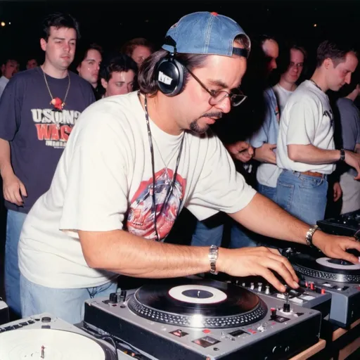 Prompt: dj  don brown mixing and scratching on two turntables extremely too fast at the 1994 wrong way u.s.a dj mixing finals