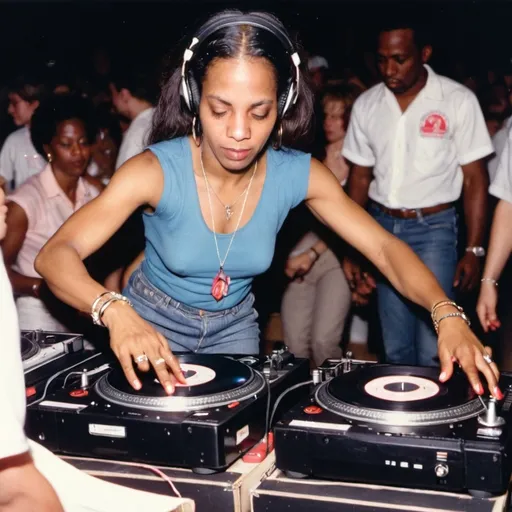 Prompt: dj shirley walcott from trinidad and tobago mixing and scratching on two turntables way too fast at the 1990 stanton world dj mixing championships eliminations