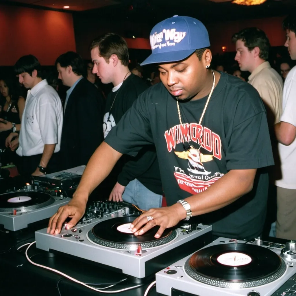 Prompt: dj nimrod mixing and scratching on two turntables way too fast at the 1998 wrong way u.s.a. dj mixing finals