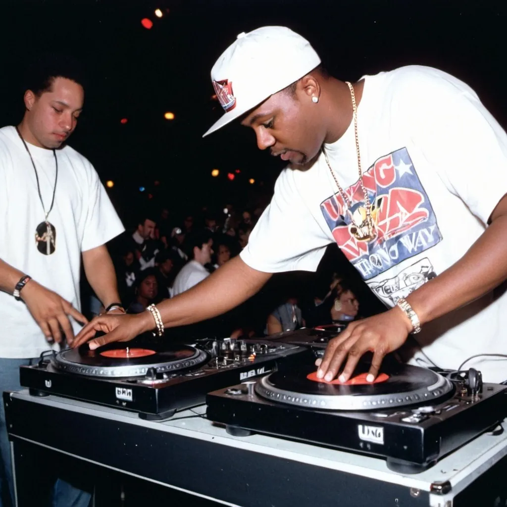 Prompt: dj sweet king mixing and scratching on two turntables way too fast at the 1991 wrong way dj u.s.a. finals