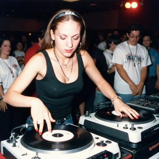 Prompt: dj scarlet pumpernickel, female dj mixing and scratching on two turntables way too fast at the 1996 wrong way u.s.a. dj mixing finals