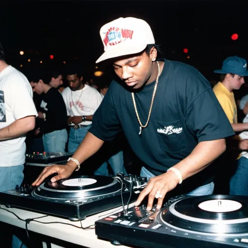 Prompt: dj alpha mixing and scratching on two turntables way too fast at the 1990 wrong way u.s.a. dj mixing finals