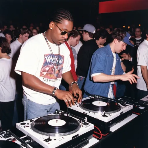 Prompt: dj marcus d. roxbury mixing and scratching on two turntables way too fast at the 1991 wrong way u.s.a. dj mixing finals