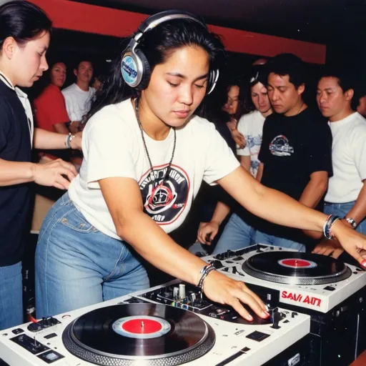 Prompt: dj sa'ea taito , female dj from samoa mixing and scratching on two turntables way too fast at the 1990 stanton world dj mixing championships eliminations