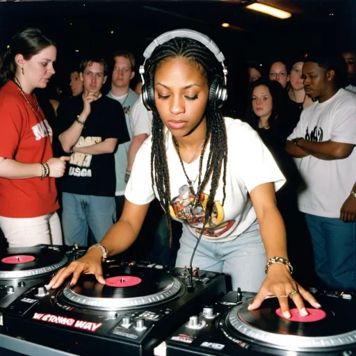 Prompt: dj obnoxious ola, female dj mixing and scratching on two turntables way too fast at the 1996 wrong way u.s.a. dj mixing finals