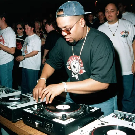 Prompt: dj mixxmaster butch mixing and scratching on two turntables way too fast at the 1997 wrong way u.s.a. dj mixing finals