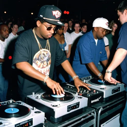 Prompt: dj, king kasey j mixing and scratching on two turntables way too fast at the 1996 wrong way u.s.a. dj mixing finals