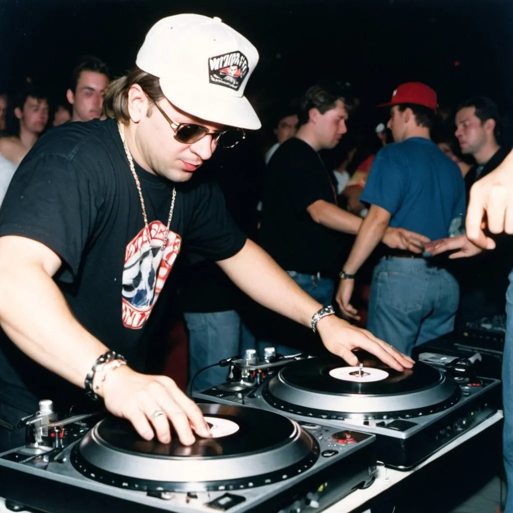 Prompt: dj vodka drunkenski mixing and scratching on two turntables way too fast at the 1992 wrong way u.s.a. dj mixing finals