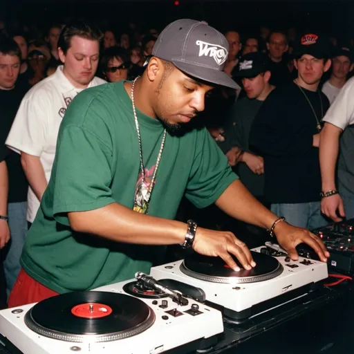 Prompt: dj onslaught mixing and scratching on two turntables way too fast at the 1998 wrong way u.s.a. dj mixing finals