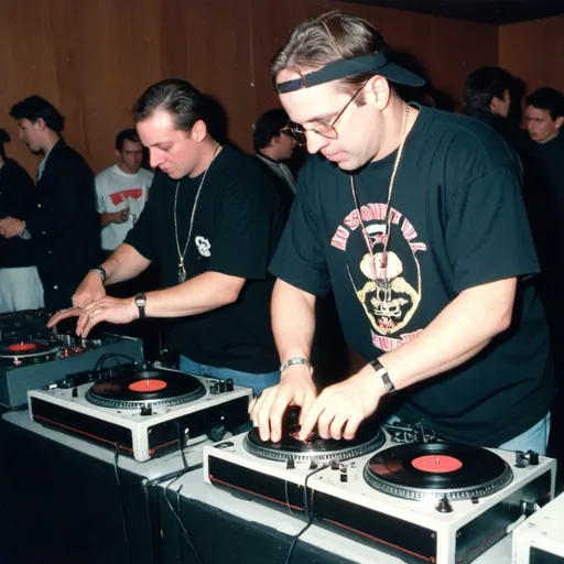 Prompt: dj  sonny lasher mixing and scratching on two turntables extremely too fast at the 1994 wrong way u.s.a dj mixing finals