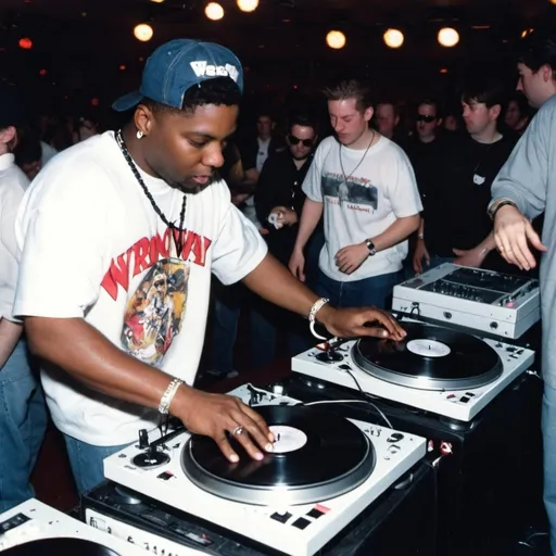 Prompt: dj squeaky scott mixing and scratching on two turntables extremely too fast at the 1994 wrong way u.s.a dj mixing finals