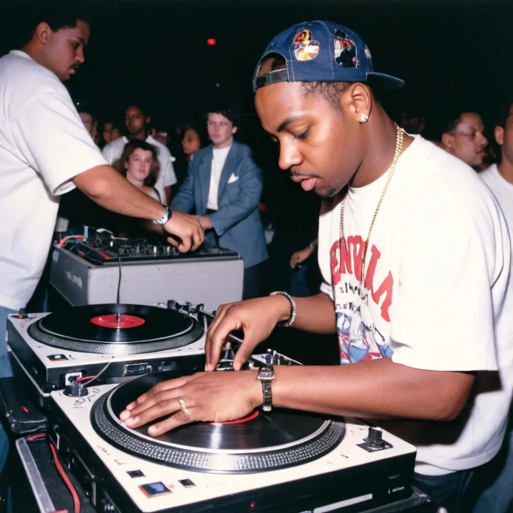 Prompt: dj benny booyah mixing and scratching on two turntables way too fast at the 1990 wrong way u.s.a dj mixing finals