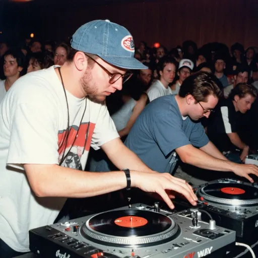 Prompt: dj  adam minter mixing and scratching on two turntables extremely too fast at the 1994 wrong way u.s.a dj mixing finals