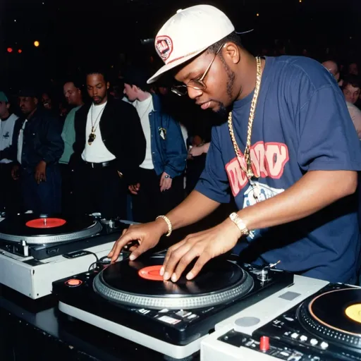 Prompt: dj damaja dude mixing and scratching on two turntables way too fast at the 1997 wrong way u.s.a. dj mixing finals