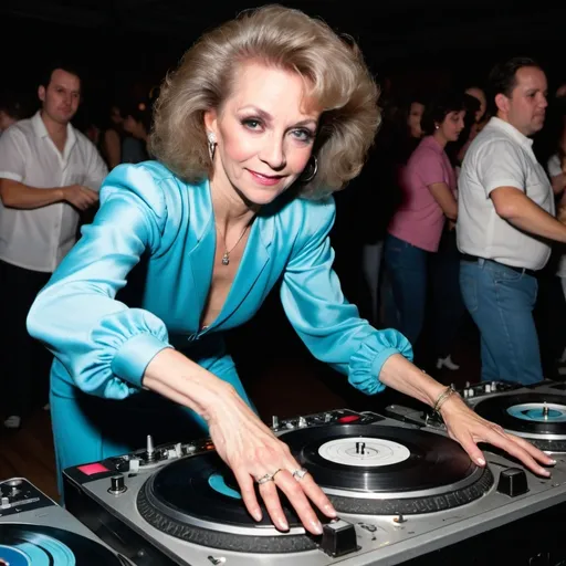 Prompt: dj rosalynn sumners, 80's  caucasian figure skater mixing and scratching on three turntables way too fast at the wheels of silken steel ladies' dj mixing battleground