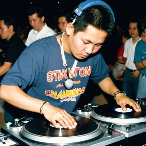 Prompt: dj soutsakhone sayyabounsou from laos mixing and scratching on two turntables way too fast at the 1990 stanton world dj mixing championships eliminations